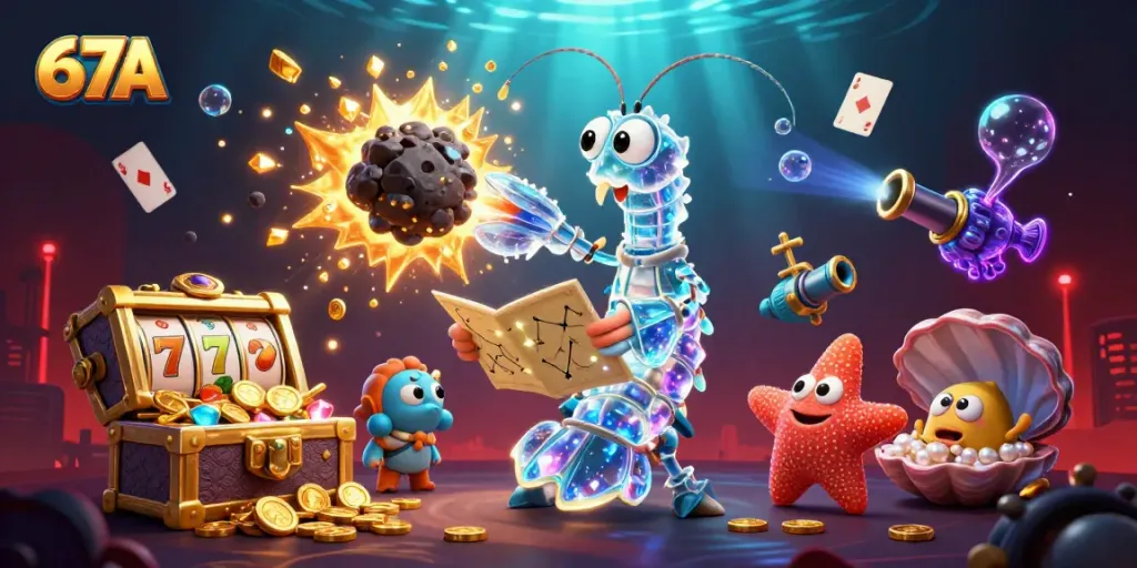 Engage with 67A's thrilling casino adventure featuring vibrant gaming elements and action-packed scenes.