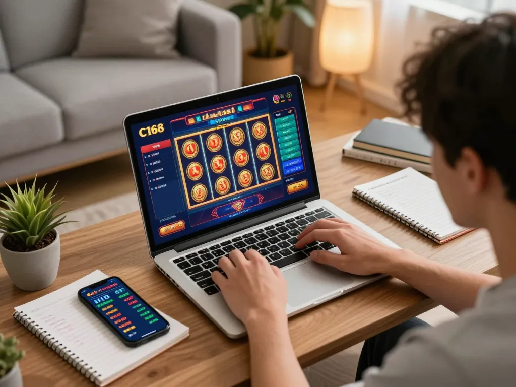 C168 player strategizing online casino games at home using laptop and smartphone.