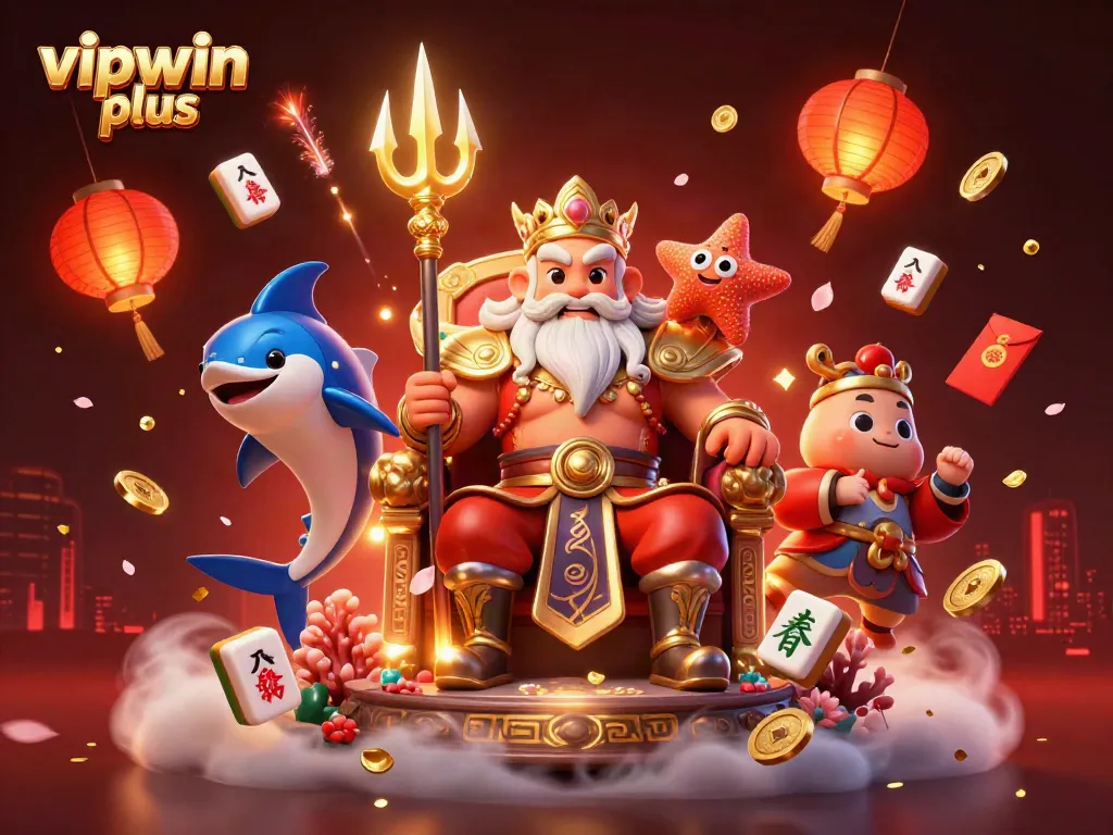 Experience thrilling gameplay with vipwin plus as Neptune presides over a vibrant casino scene filled with adventure.