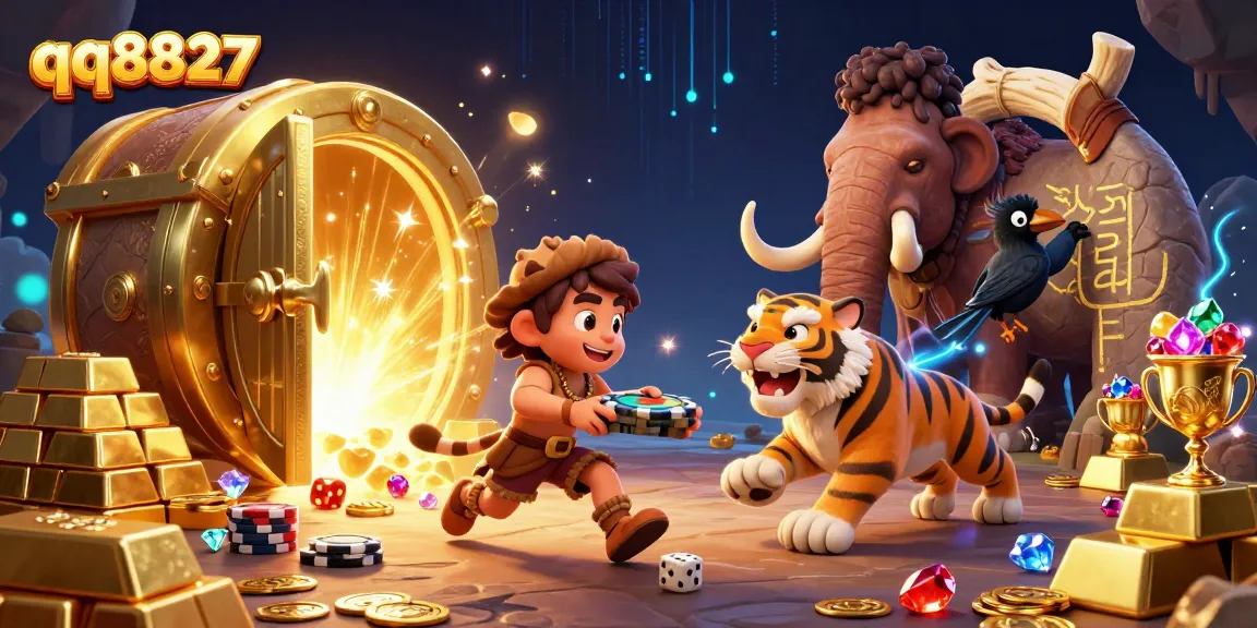 Experience the thrill at qq8827 with a vibrant caveman casino illustration featuring unique gaming elements.