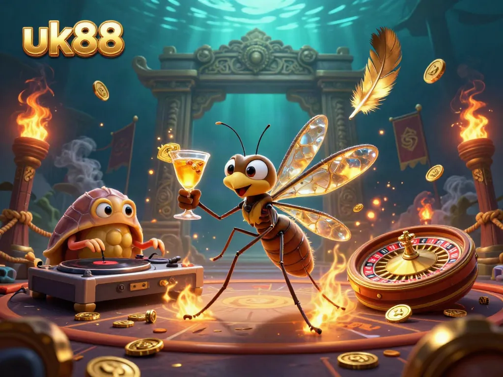 Engage with the vibrant uk88 casino scene showcasing a unique mosquito mascot, trilobite DJ, golden roulette wheel, and lively gaming elements.