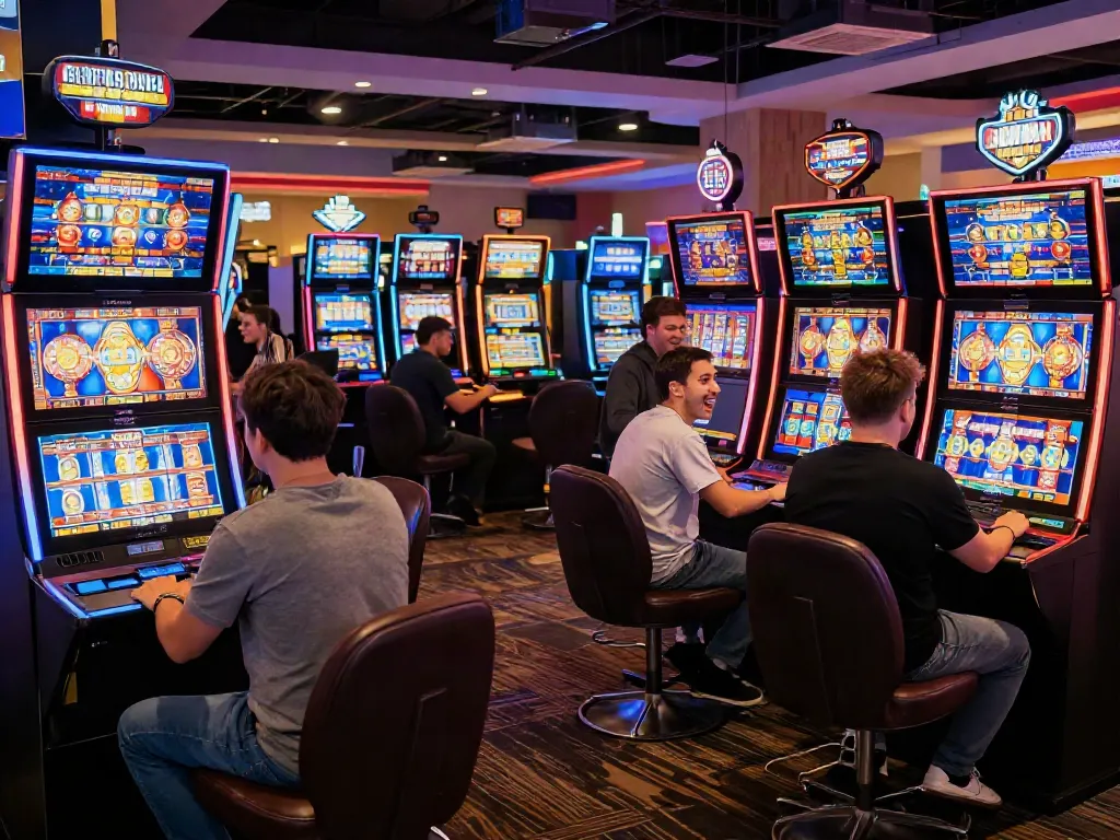 Jogadores se divertindo em uma área de máquinas de slot, destacando a emoção do jogo.