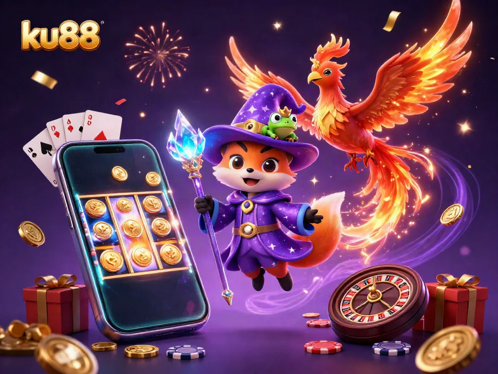 Experience thrills with ku88 in a magical casino scene featuring a wizard, phoenix, and exciting games.