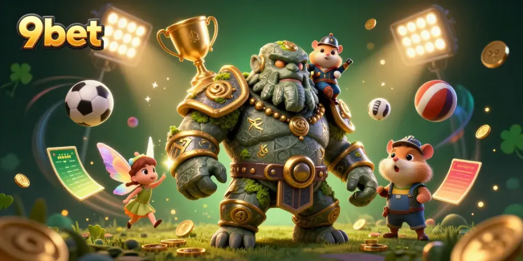 Experience thrilling 9bet gameplay with a guardian golem and a magical fairy in an action-packed casino illustration.