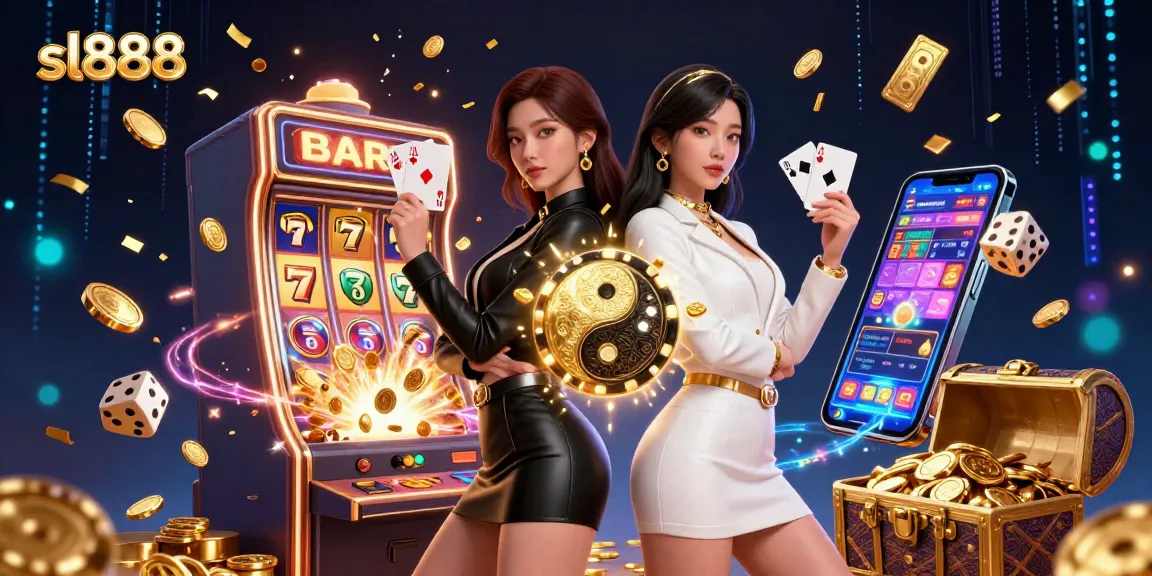 Experience the dynamic world of sl888 with twin Asian women showcasing playing cards amid vibrant casino elements.