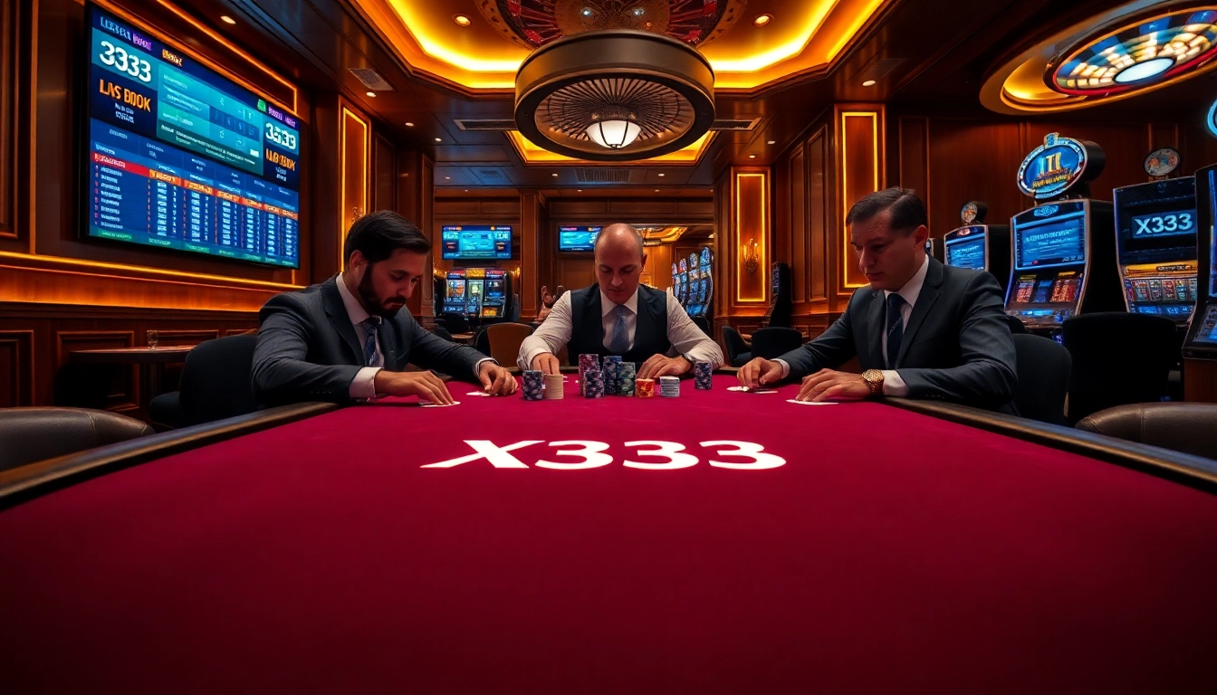 Professional gamblers stacking chips and placing bets at an x333 branded poker table with dynamic casino lighting