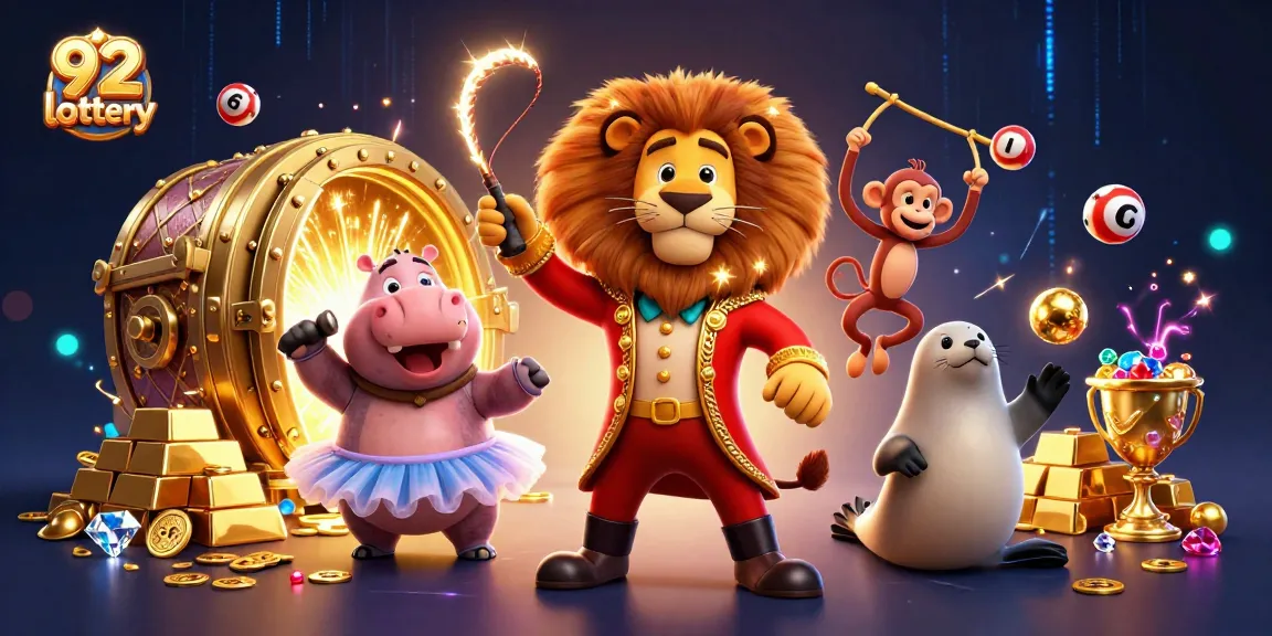 Engage with the 92 lottery in this vibrant 3D illustration showcasing colorful characters amidst golden riches and lottery elements.