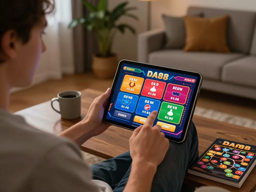 Engaging in DA88 online gaming on a tablet, featuring a cozy home environment with strategy notes