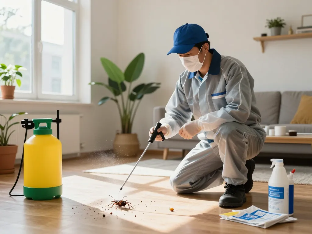 Dedetizadora technician applying pest control treatment in a clean urban apartment to ensure a pest-free home.