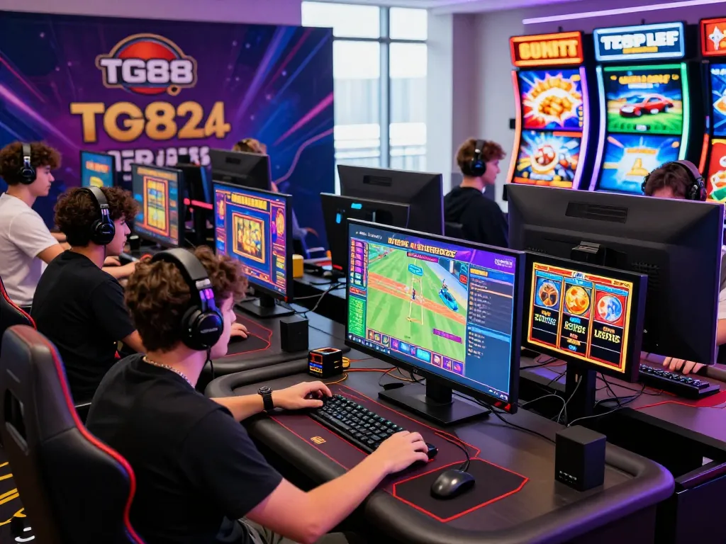 Dynamic online gaming environment featuring TG88 players enjoying slots and sports betting in a vibrant, immersive setup.