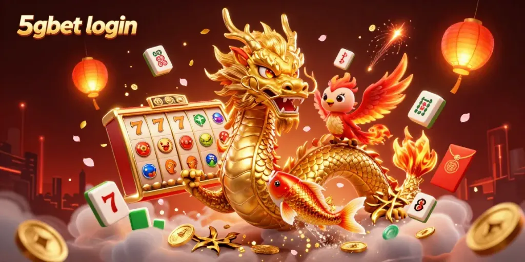 Experience the excitement of 5gbet login with a dynamic casino scene featuring a dragon, phoenix, and koi fish