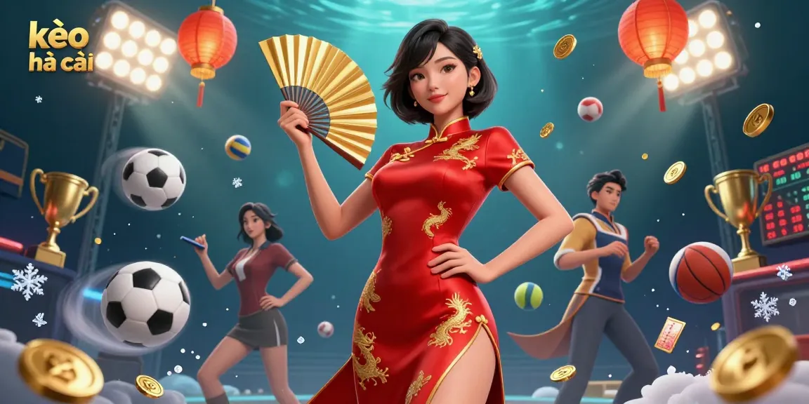 Engage with kèo nhà cái as a confident Asian woman celebrates sports betting, surrounded by dynamic sports elements and gold.