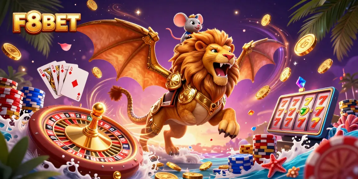 Action-packed F8BET scene with chimera, roulette, and sparkling coins creating excitement for players.