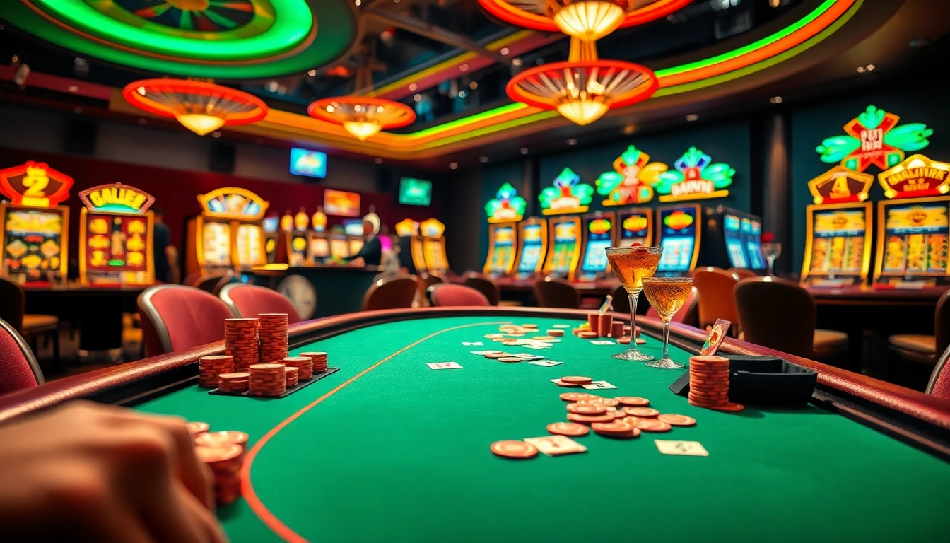 Meilleur casino en ligne avec une table de poker animée et des lumières vives.