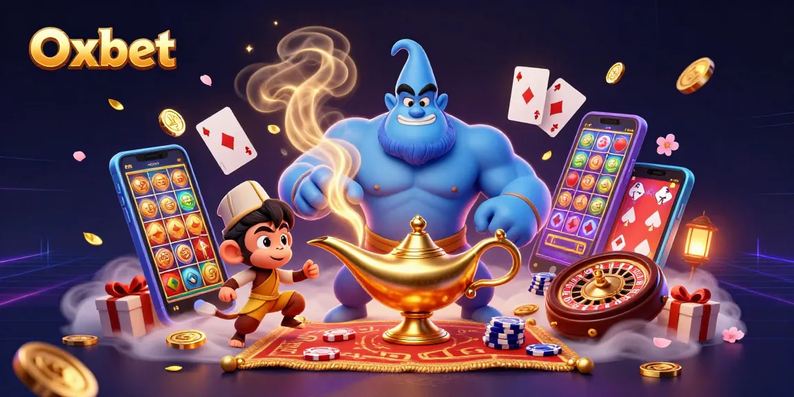 Experience the magic of Oxbet with vivid casino action featuring a genie, poker chips, and vibrant slot games.