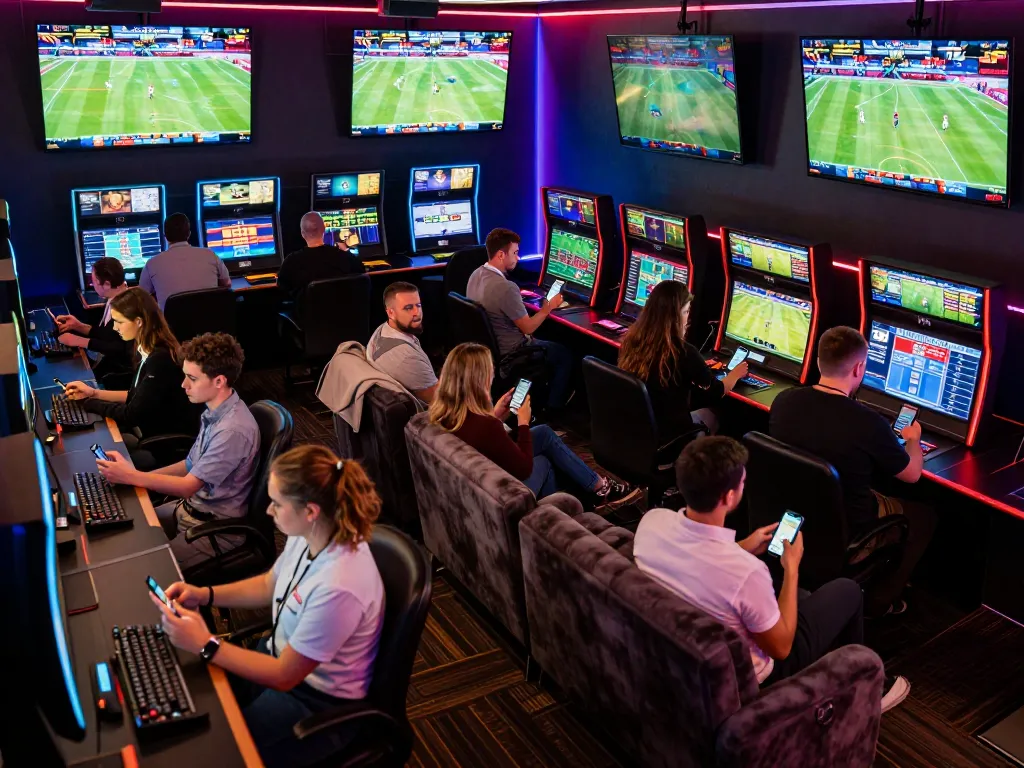 X333 enthusiasts passionately placing bets in a vibrant sports betting lounge with multiple screens displaying live events