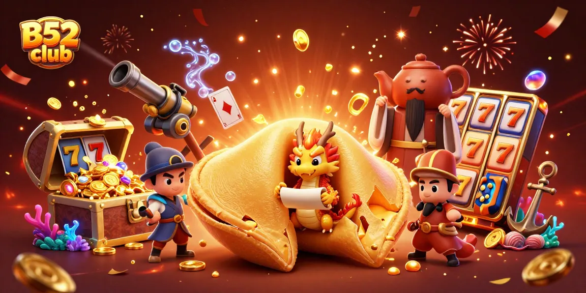 Experience exciting wins at B52 club with a vibrant casino-themed illustration filled with games and treasures.