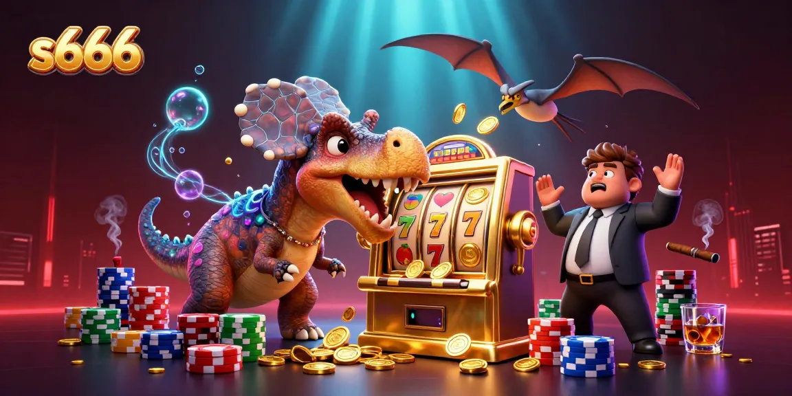 S666 online casino's pachycephalosaurus excitedly interacts with a golden slot machine, capturing actions and visual excitement.