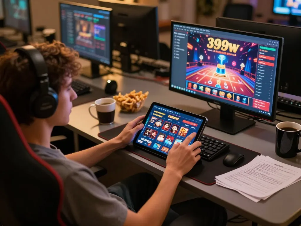 Player enjoying 399w casino games on a tablet in a cozy home setting with snacks.