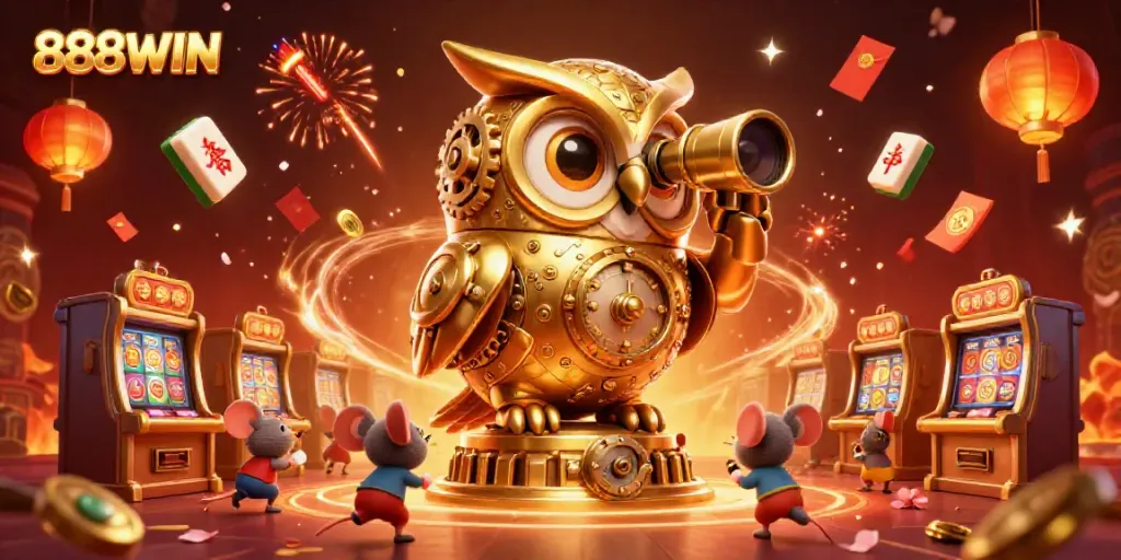 Experience 888WIN with vibrant casino action, featuring a golden owl scanning slot machines.