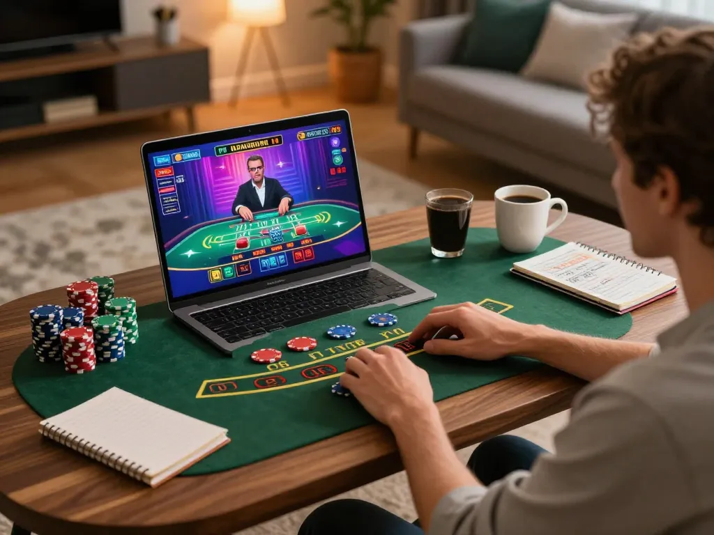 Jogador AAVIP participando de blackjack com dealer ao vivo em casa, mostrando uma experiência de jogo online confortável