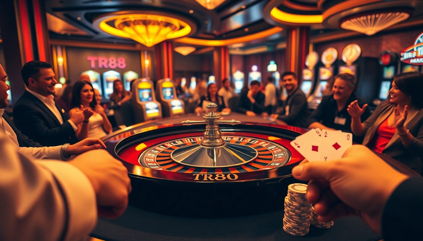 Excited gamblers place wagers at the luxurious TR88 roulette table in a vibrant casino.