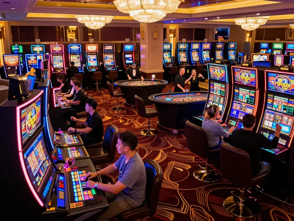 Players enjoying the dynamic atmosphere of AA888 casino with colorful slot machines and an engaging roulette table.