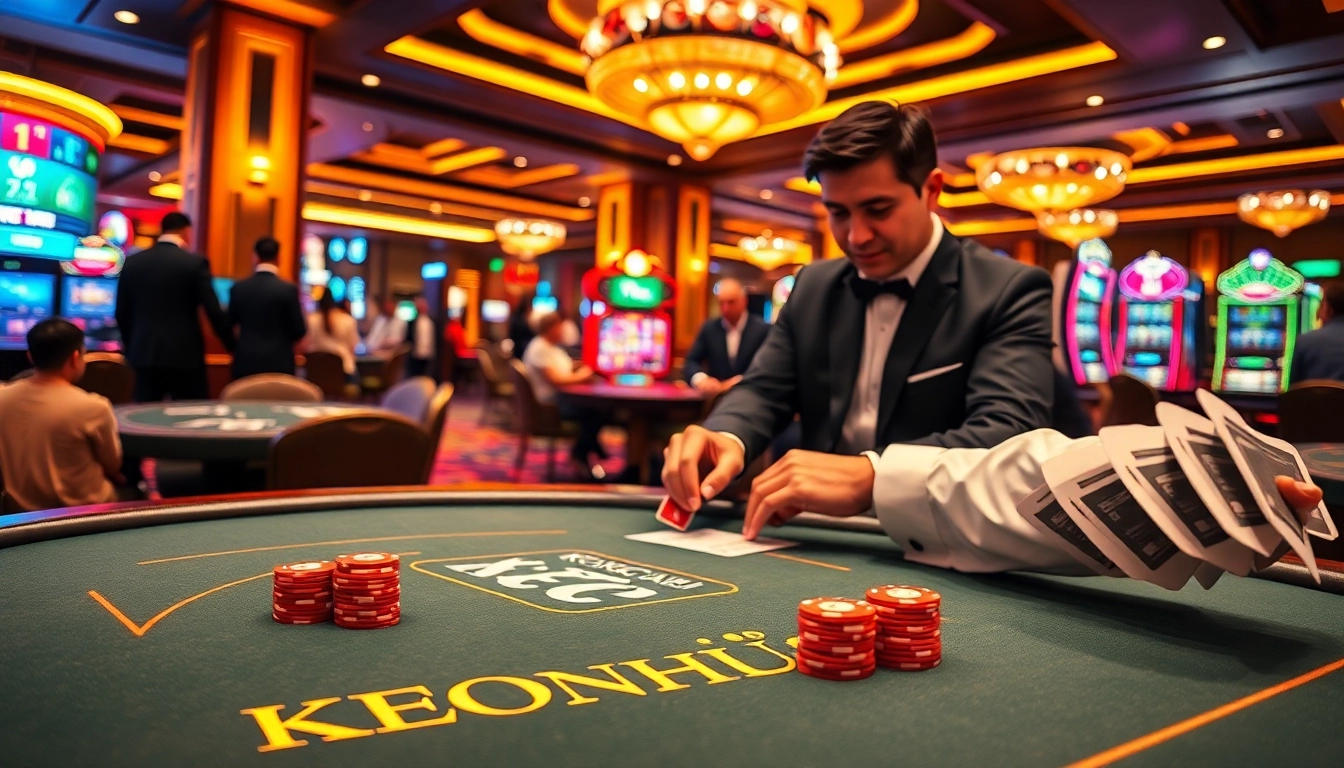 Engaging scene featuring KEONHACAI poker table with professional dealer and vibrant casino games.