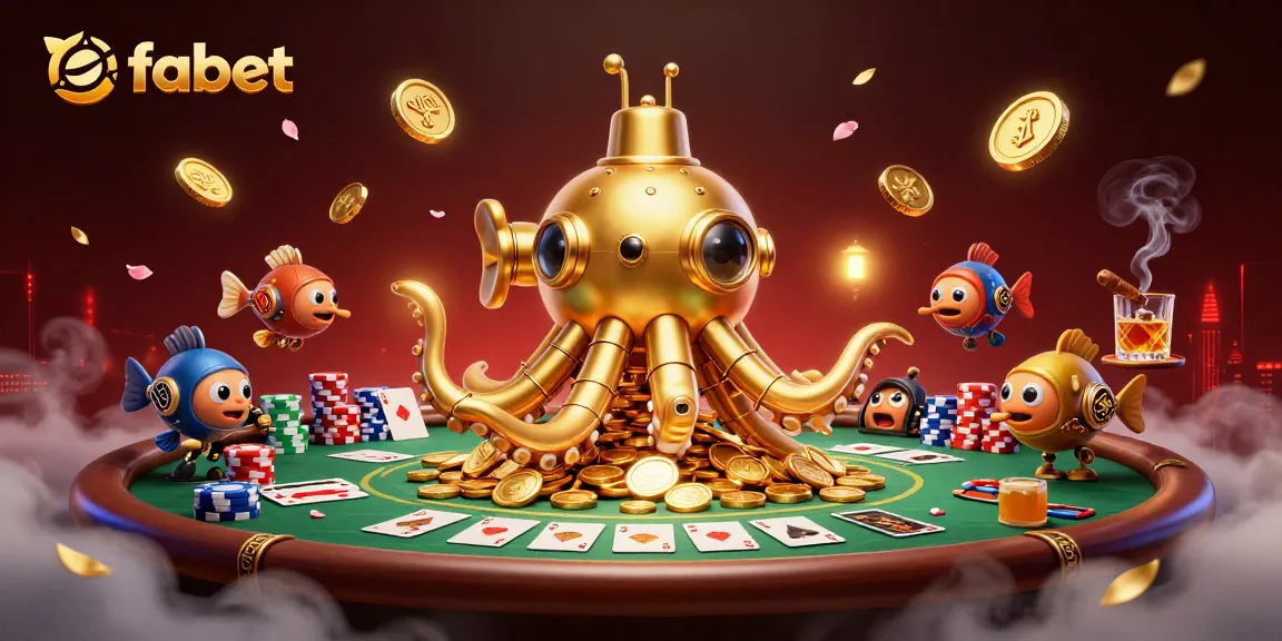 Fabet showcases a thrilling poker scene with golden kraken submarine and mechanical fish amidst dazzling winnings.