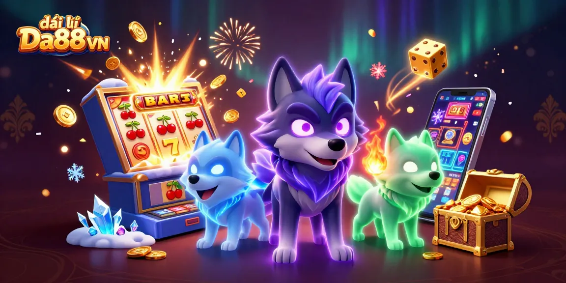 Engage with the immersive 3D world of đại lý Da88 VN, featuring vibrant casino elements and enchanting wolf characters.