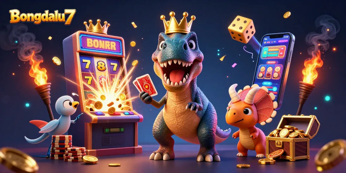 Bongdalu7 showcases thrilling gambling action with cartoon characters playing casino games and celebrating wins amidst golden treasures.