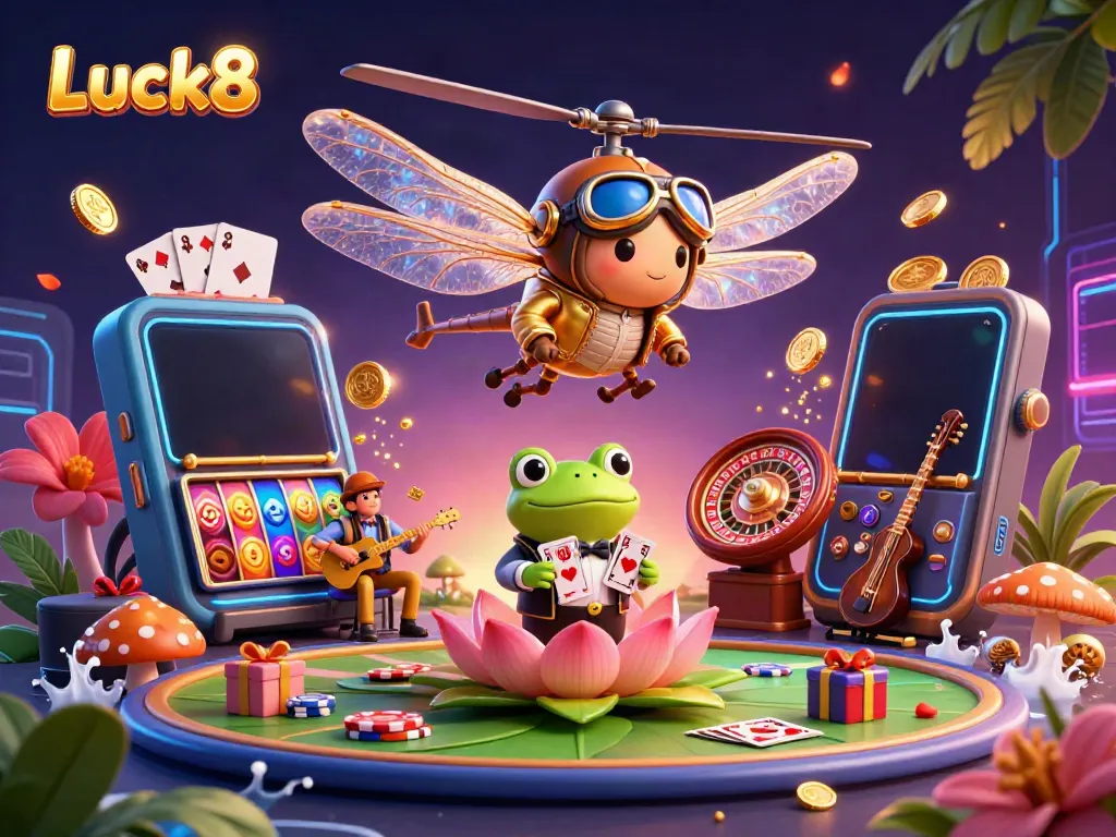 Engage in thrilling slots at Luck8, with a lively dragonfly pilot and frog croupier in a vibrant casino setting.