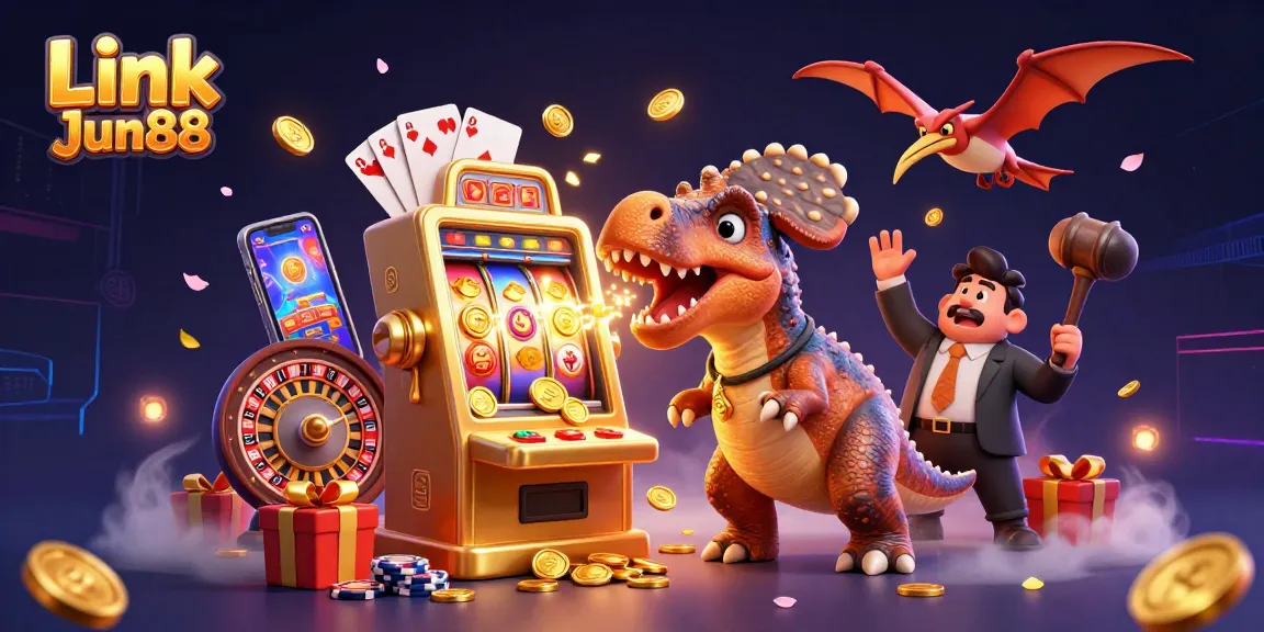 Experience excitement at Link Jun88 as playful dinosaurs win jackpots with slot games in a vibrant casino setting.