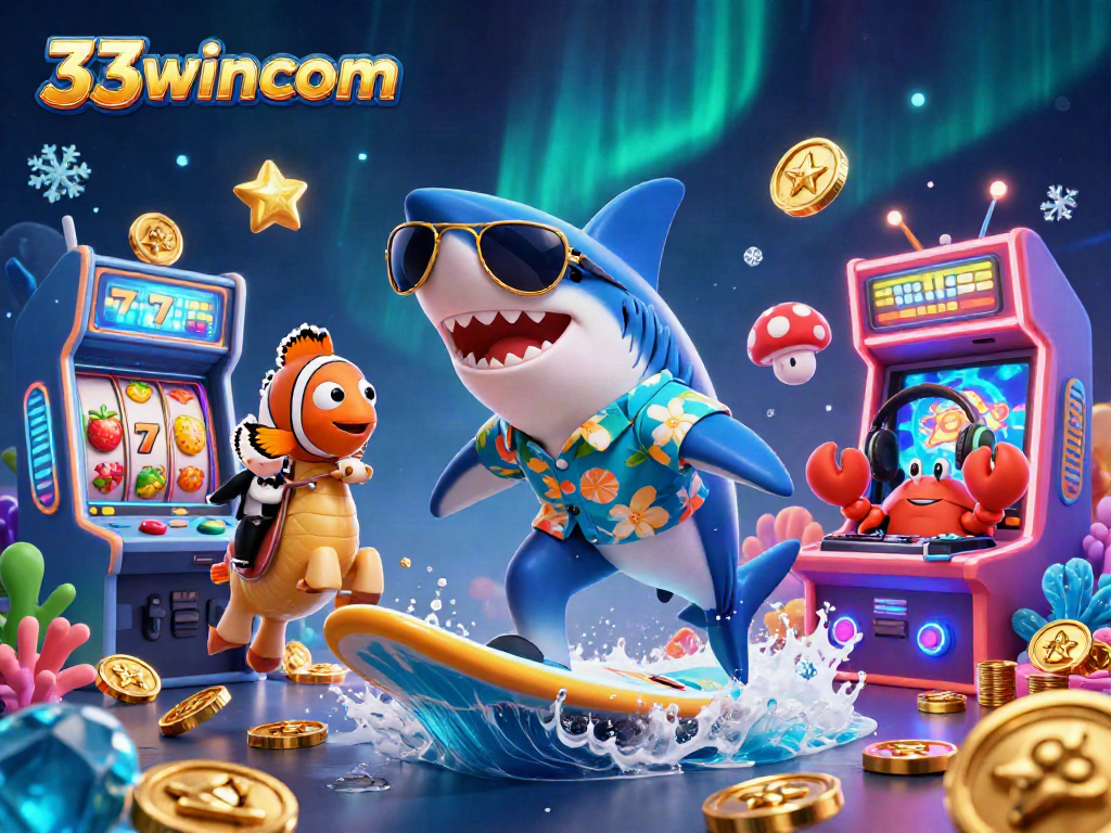 Engage in thrilling gaming with 33wincom’s vibrant casino adventure featuring a dancing shark.