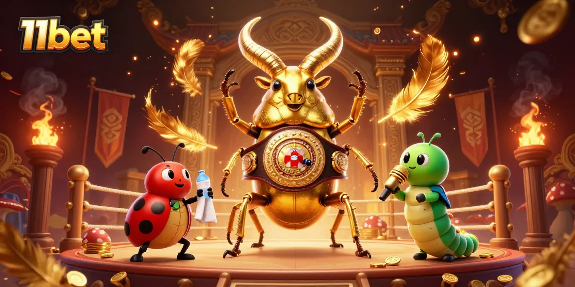 11bet features an epic boxing match between a giant stag beetle and supporting characters in vibrant casino chaos.