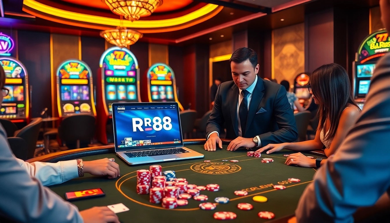 Exciting poker game scene at RR88 casino with vibrant chips and professional croupiers.