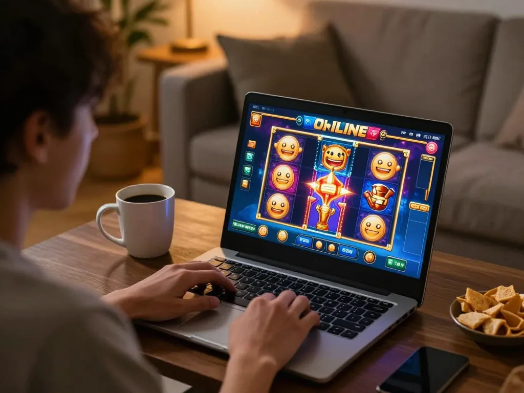 Player experiencing thrilling jjnn slots at home, showcasing vibrant game graphics.