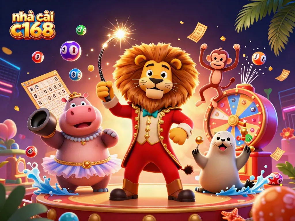 Engage with exciting lottery action at nhà cái c168 unfolding in a vibrant 3D circus scene.