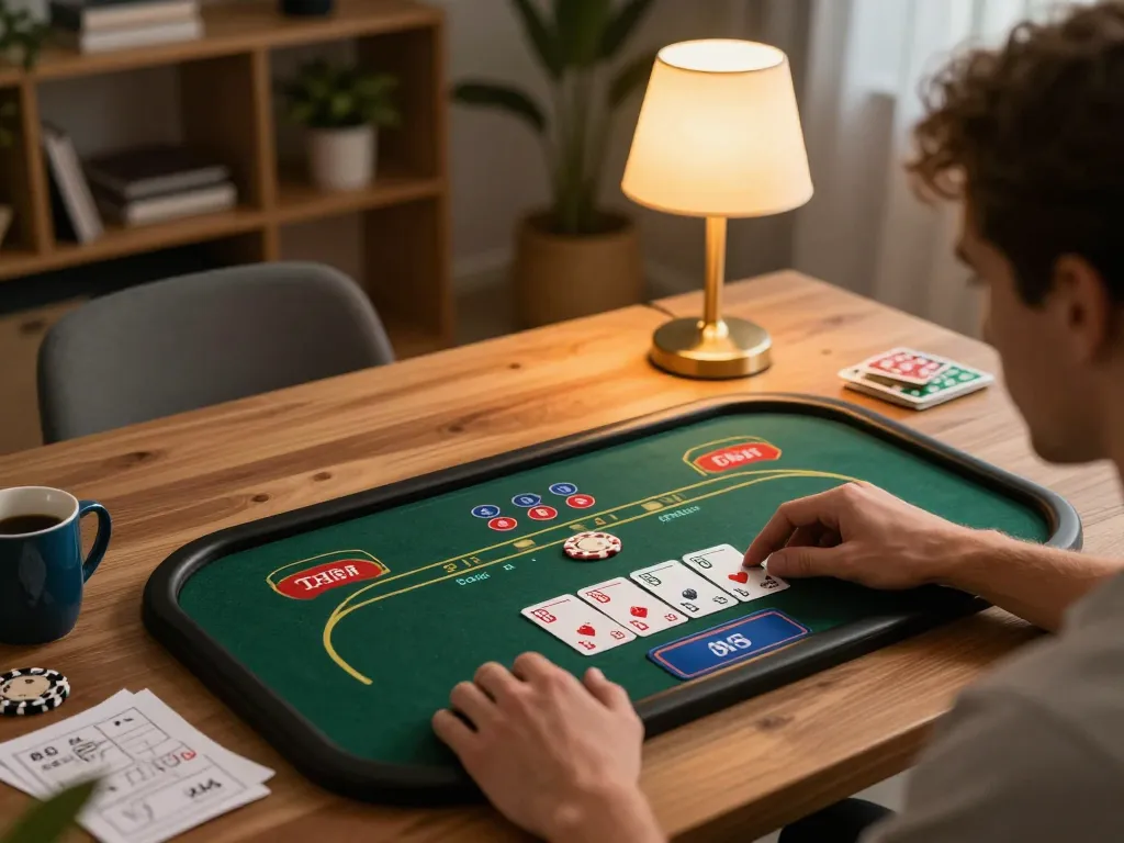 User playing online poker on tablet in cozy home, exploring 45678 gaming options and strategy