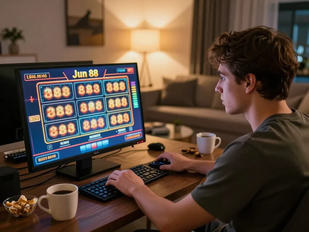 Engaging in immersive online gaming experience with Jun 88 slots on laptop.