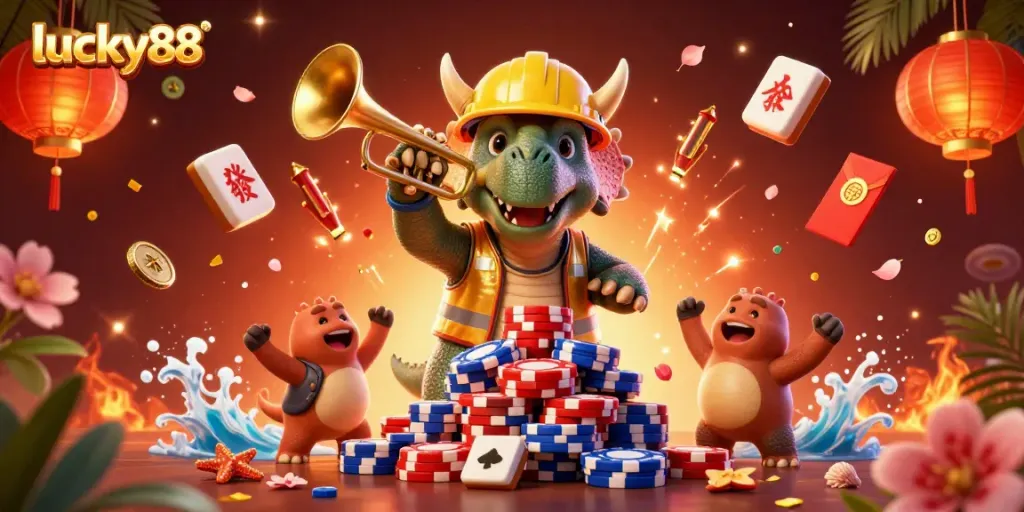 Experience thrilling gaming with lucky88 as a 3D triceratops builds poker chip pyramids, celebrating with fun elements.