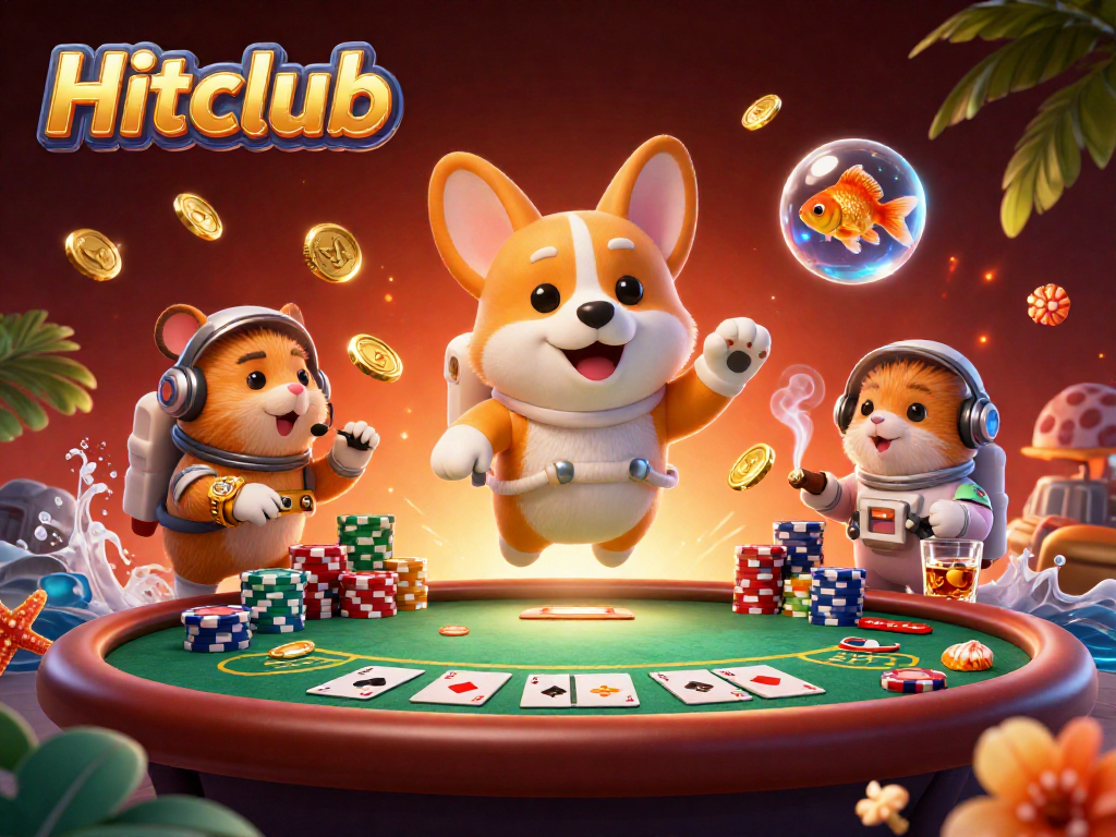 Hitclub showcases a vibrant casino scene with a floating astronaut corgi and poker elements.