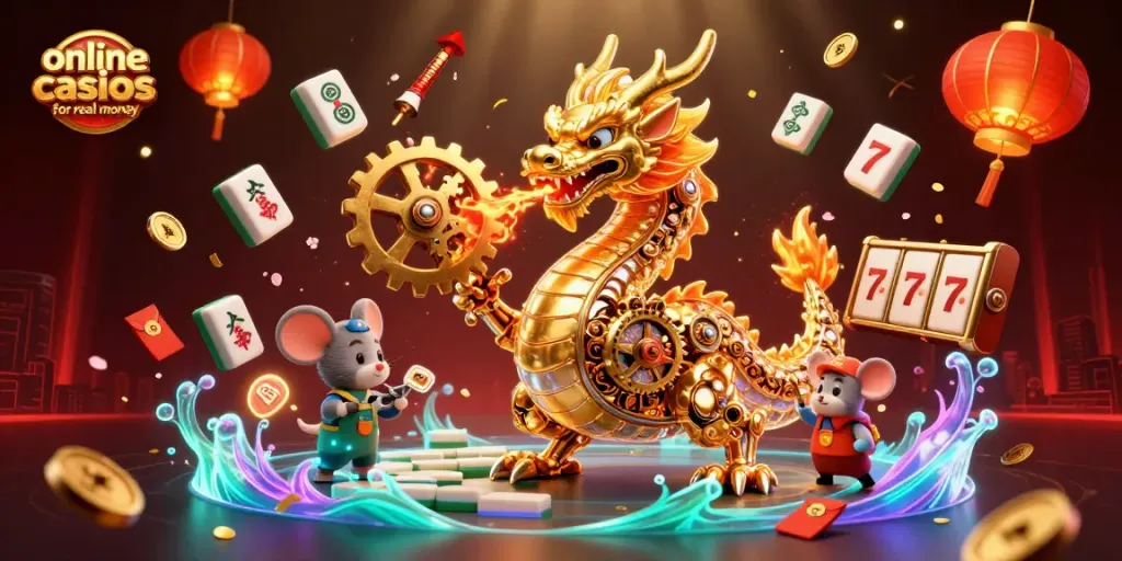 Engage with top online casinos for real money in a vibrant 3D illustration featuring a golden dragon and gaming elements.