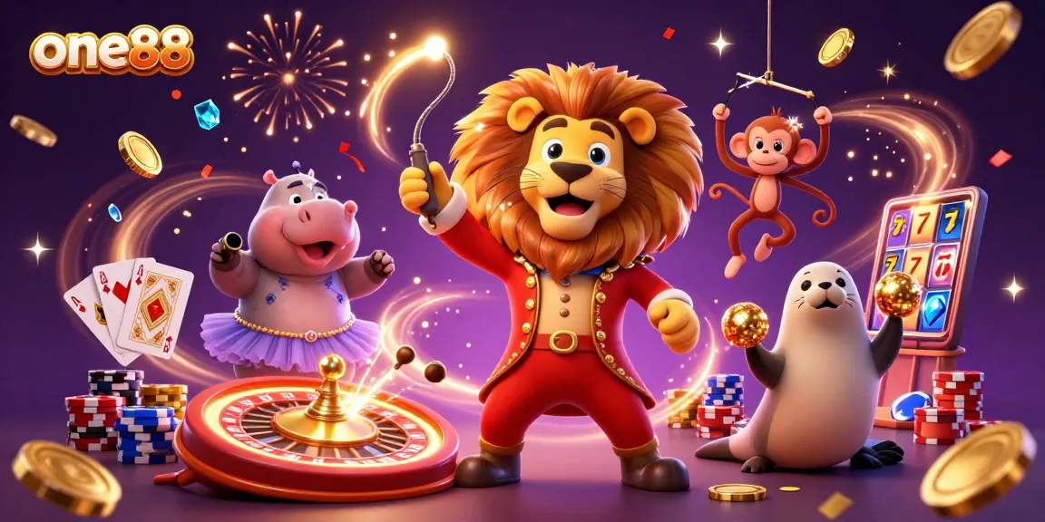 one88 brings excitement with a lion ringmaster, hippo, monkey, and seal in a casino scene