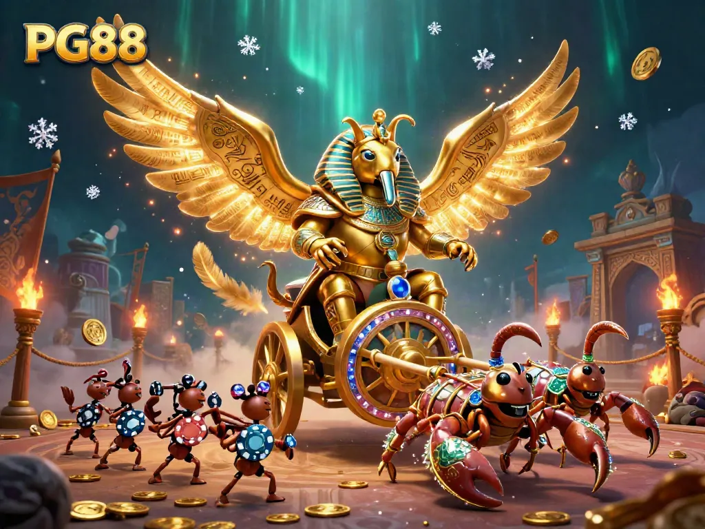 Engage with PG88's thrilling casino experience through a vibrant illustration of a golden scarab and scorpions.