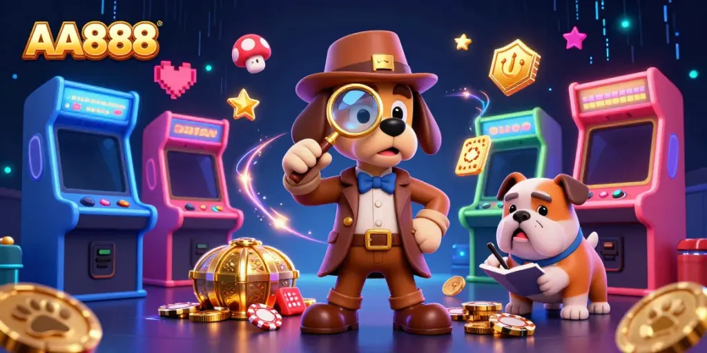 Investigate the thrilling games at AA888 with a bloodhound detective exploring poker chip clues.