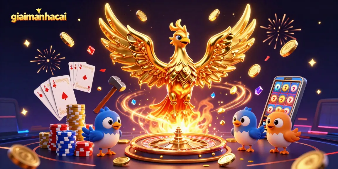 Engage in thrilling gambling with giaimanhacai's golden phoenix amidst cascading coins and poker chips.