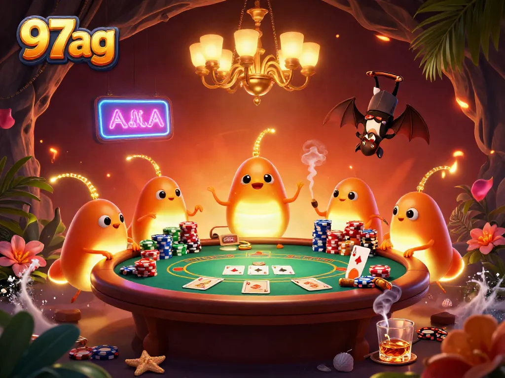 Experience the thrill of 97ag poker with glowworms lighting up a vibrant casino scene.