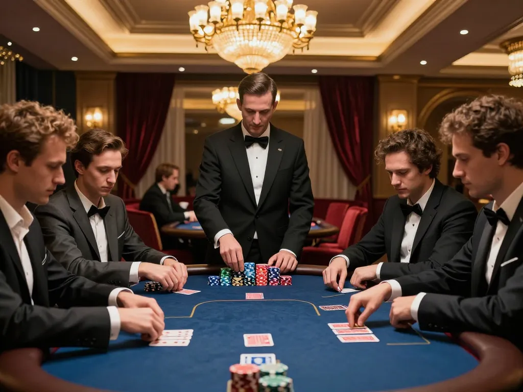 Players engaged in a high-stakes poker game at an upscale casino, showcasing skill and strategy with gk888.