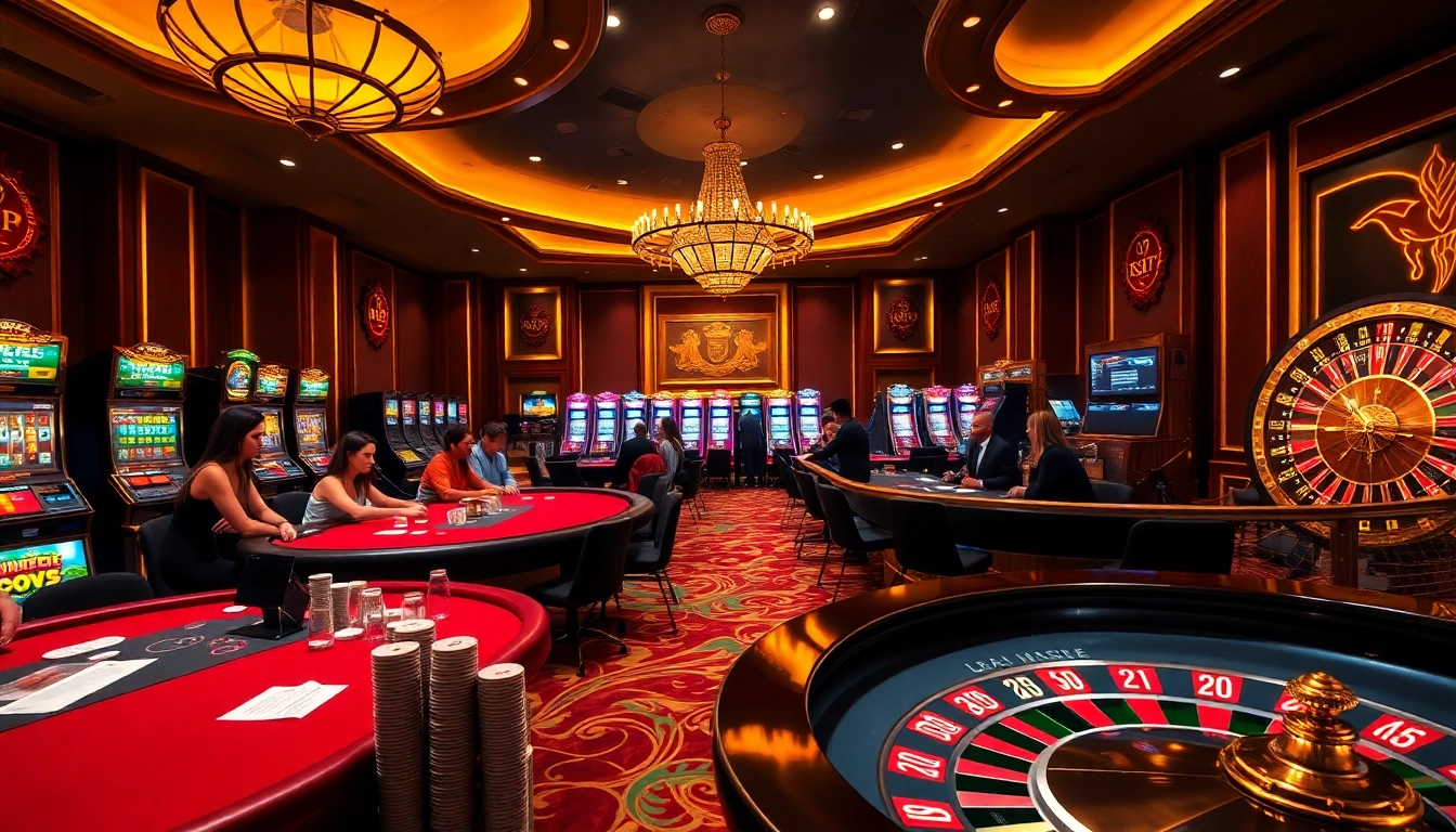 I9BET players enjoying an exciting online casino gaming experience with poker tables and vibrant slot machines.